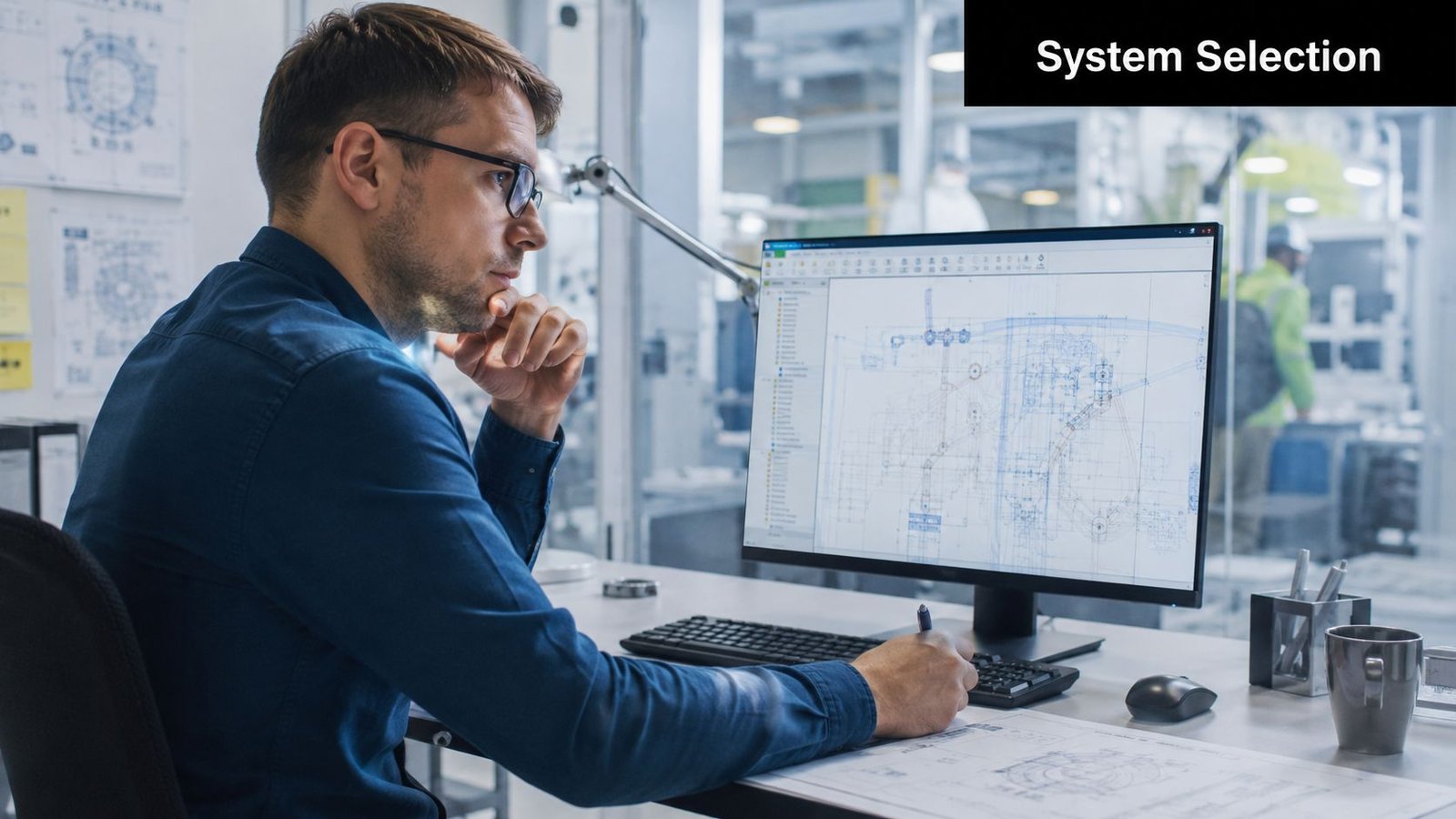 A professional engineer focused on his computer monitor displaying complex technical blueprints in a modern manufacturing office.