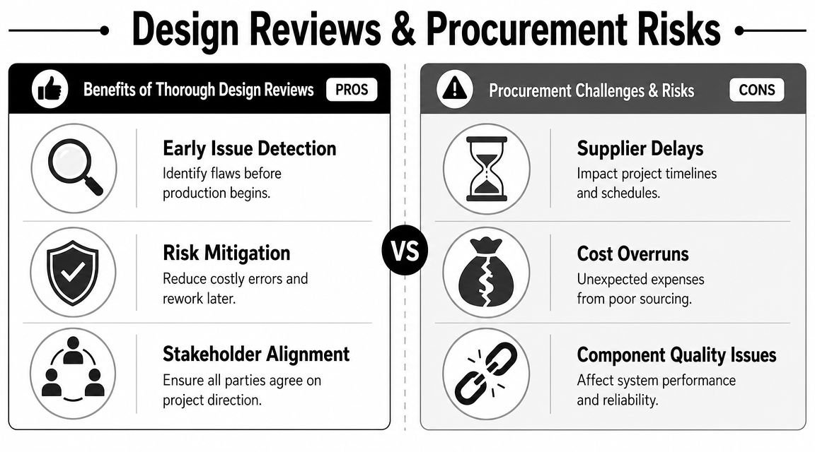 A comparison chart outlining the pros of thorough design reviews versus the cons of procurement risks.