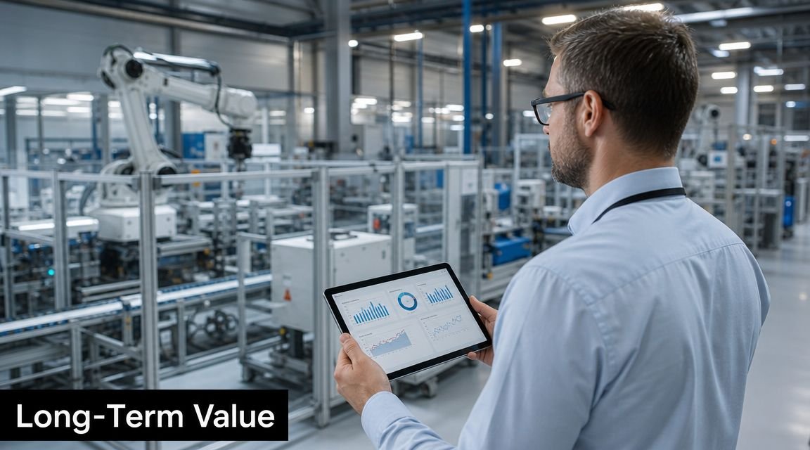 A professional manager monitors automation project data using a tablet inside a modern manufacturing industrial factory.