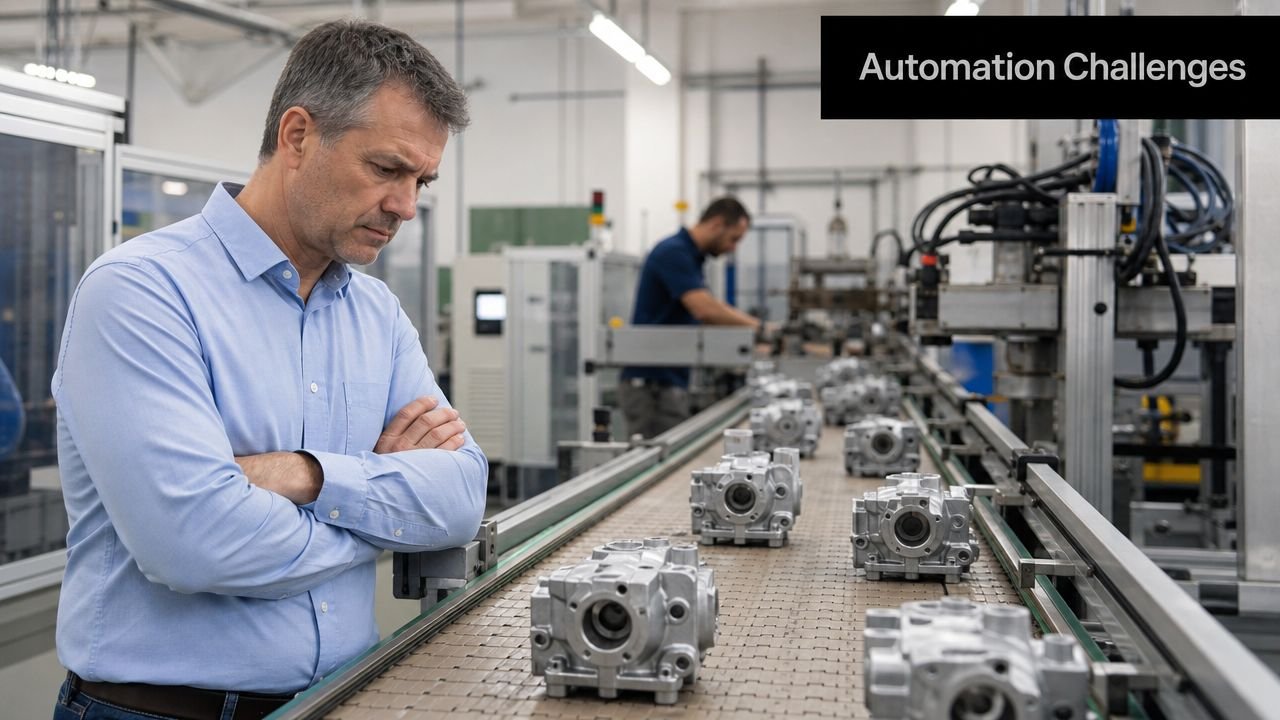 A concerned industrial manager inspects a metal components production line in a modern manufacturing facility.