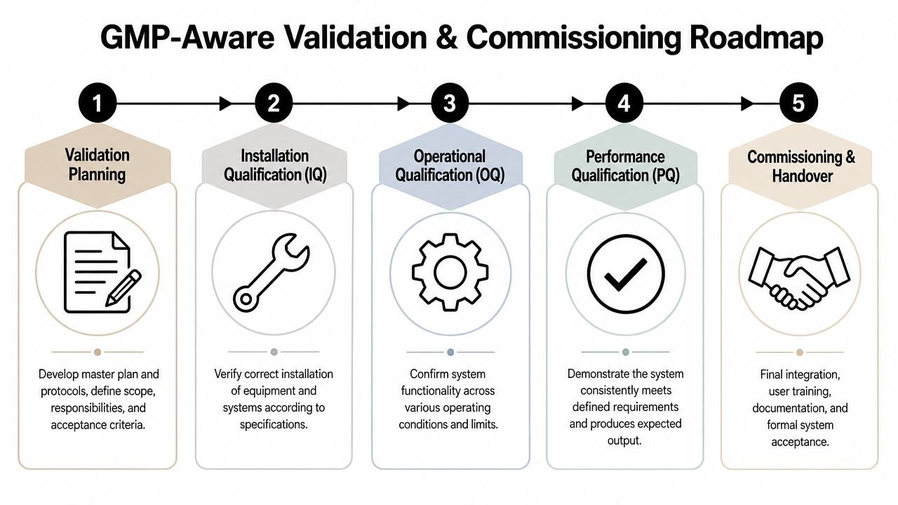 A five-step roadmap outlining the GMP-aware validation and commissioning process for industrial equipment and systems.