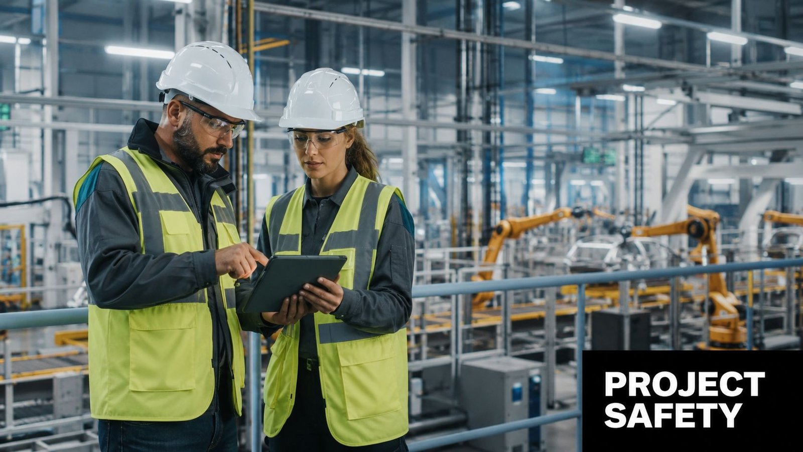 A male and female engineer wearing hard hats and safety vests consult a tablet in a factory.