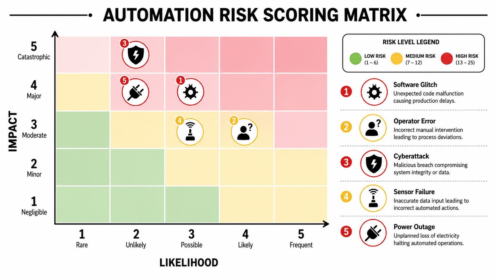 An automation risk scoring matrix chart mapping potential industrial hazards based on likelihood and impact levels.