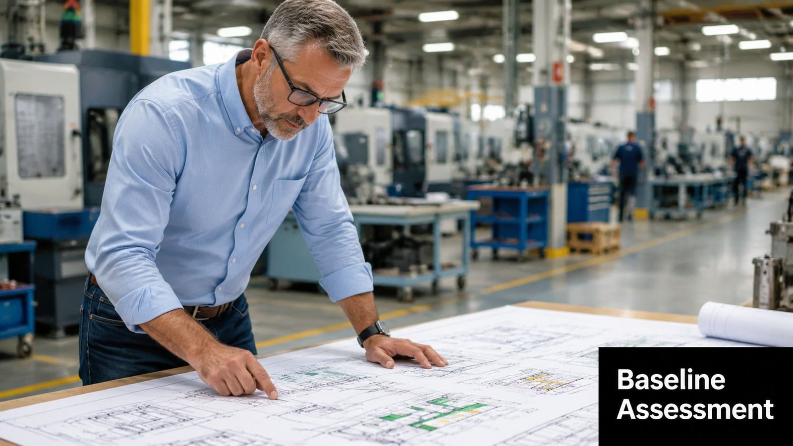 A professional engineer in a manufacturing facility reviewing technical blueprints for industrial automation on a table.