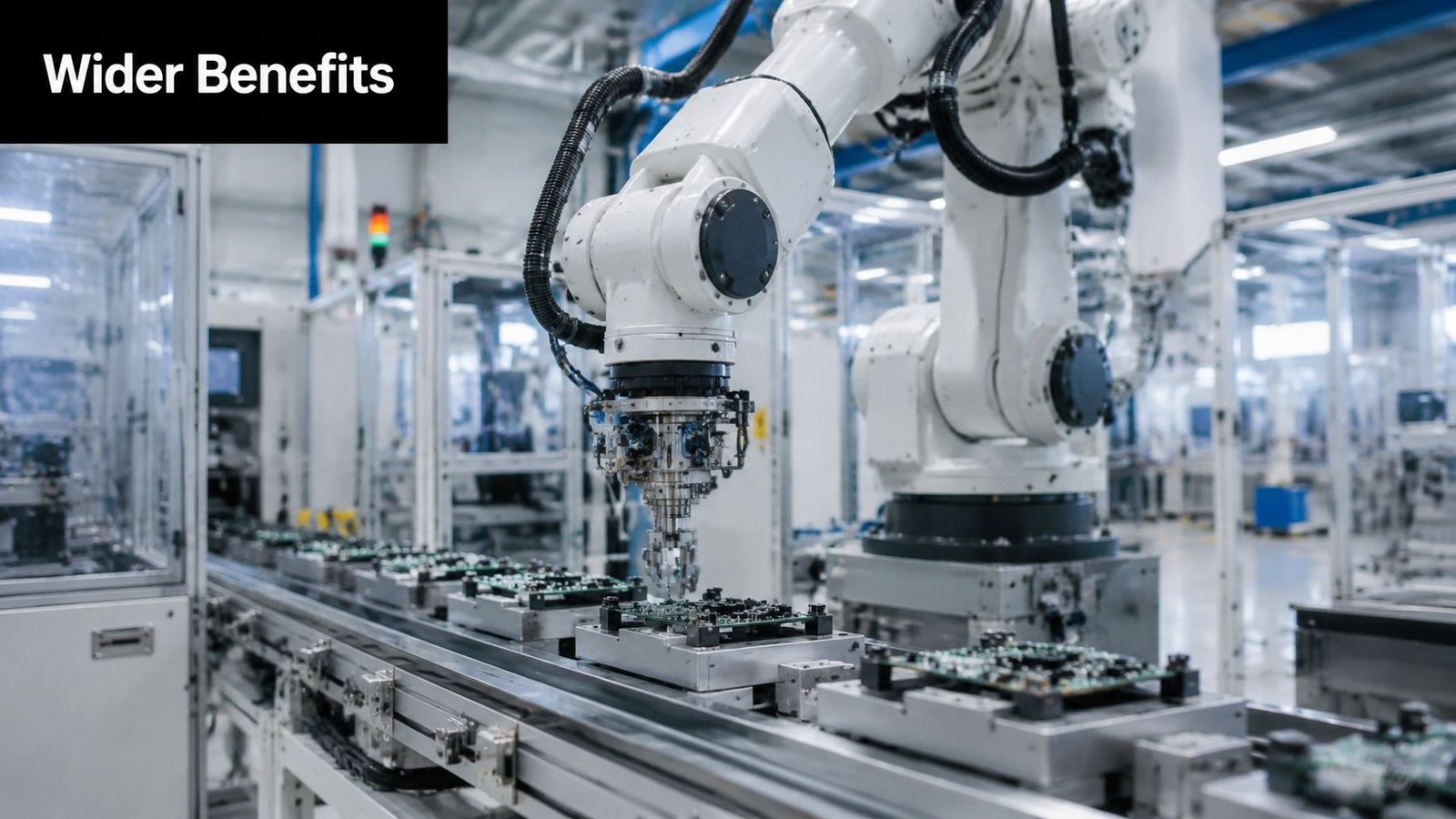 A robotic arm working on an automated circuit board assembly line in a modern manufacturing factory.
