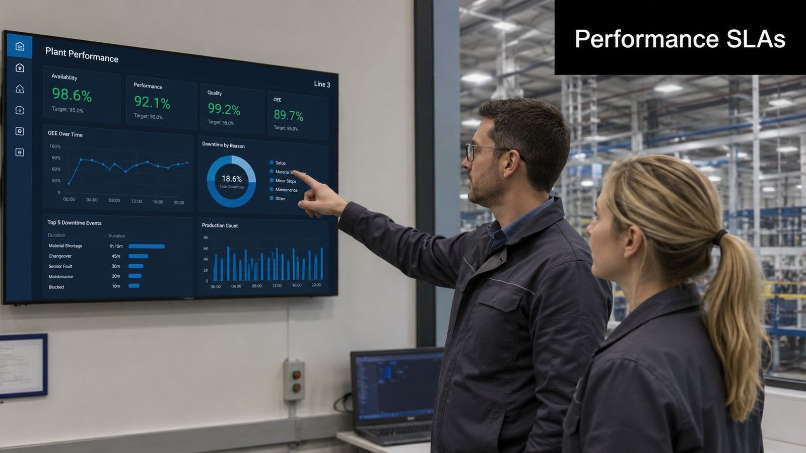 Two professionals analyze a digital dashboard displaying plant performance metrics and production data in a warehouse.