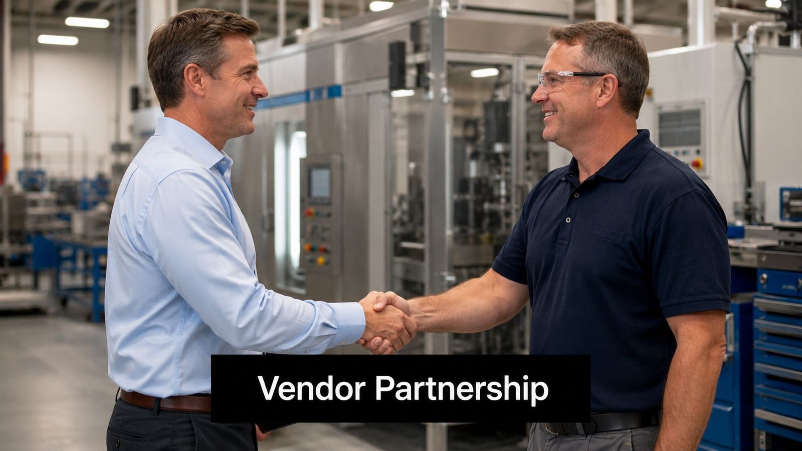 Two professionals in a factory setting shaking hands to finalize a successful vendor partnership agreement.