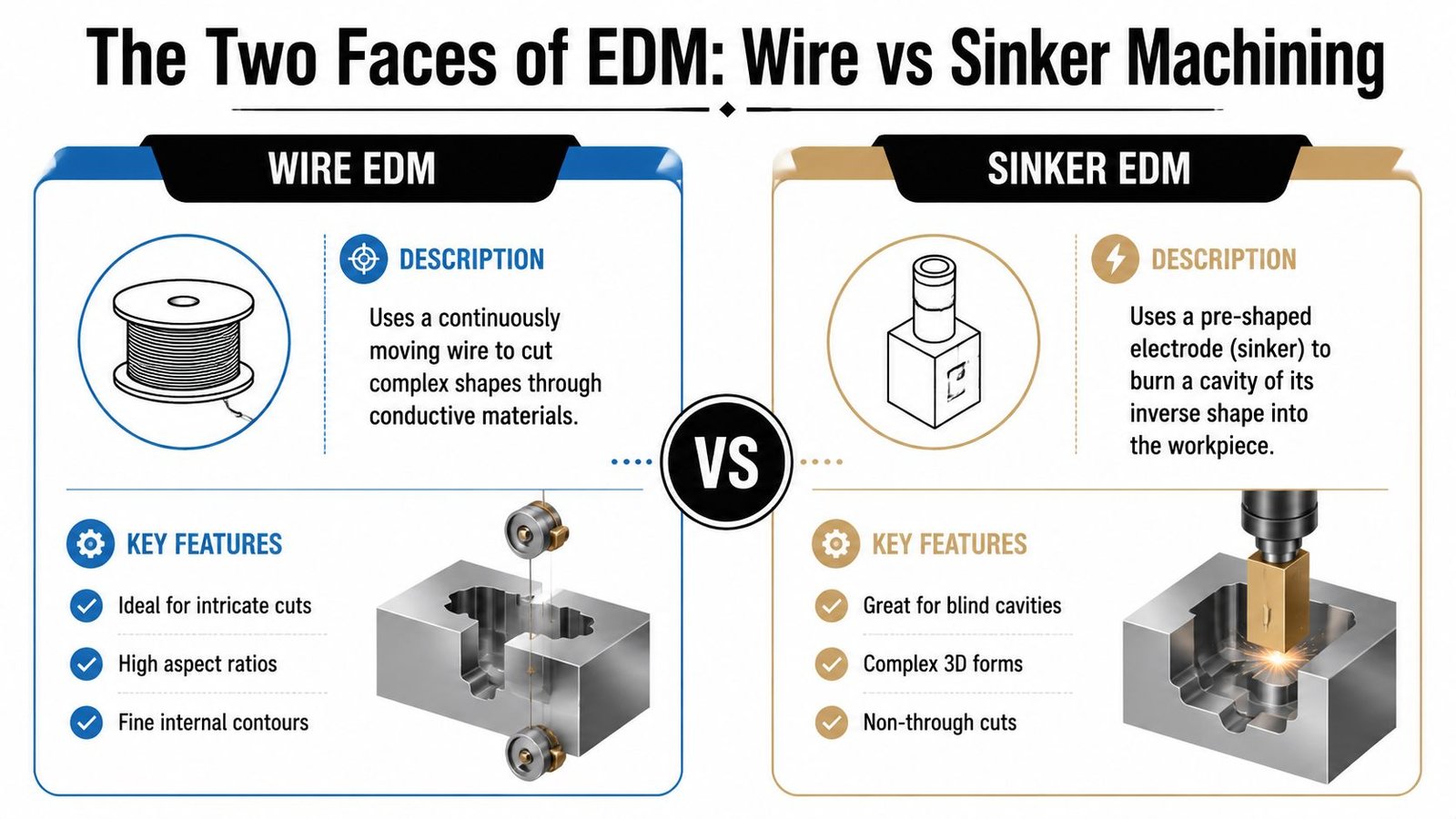 A comparative infographic showing the differences between Wire EDM and Sinker EDM manufacturing processes.