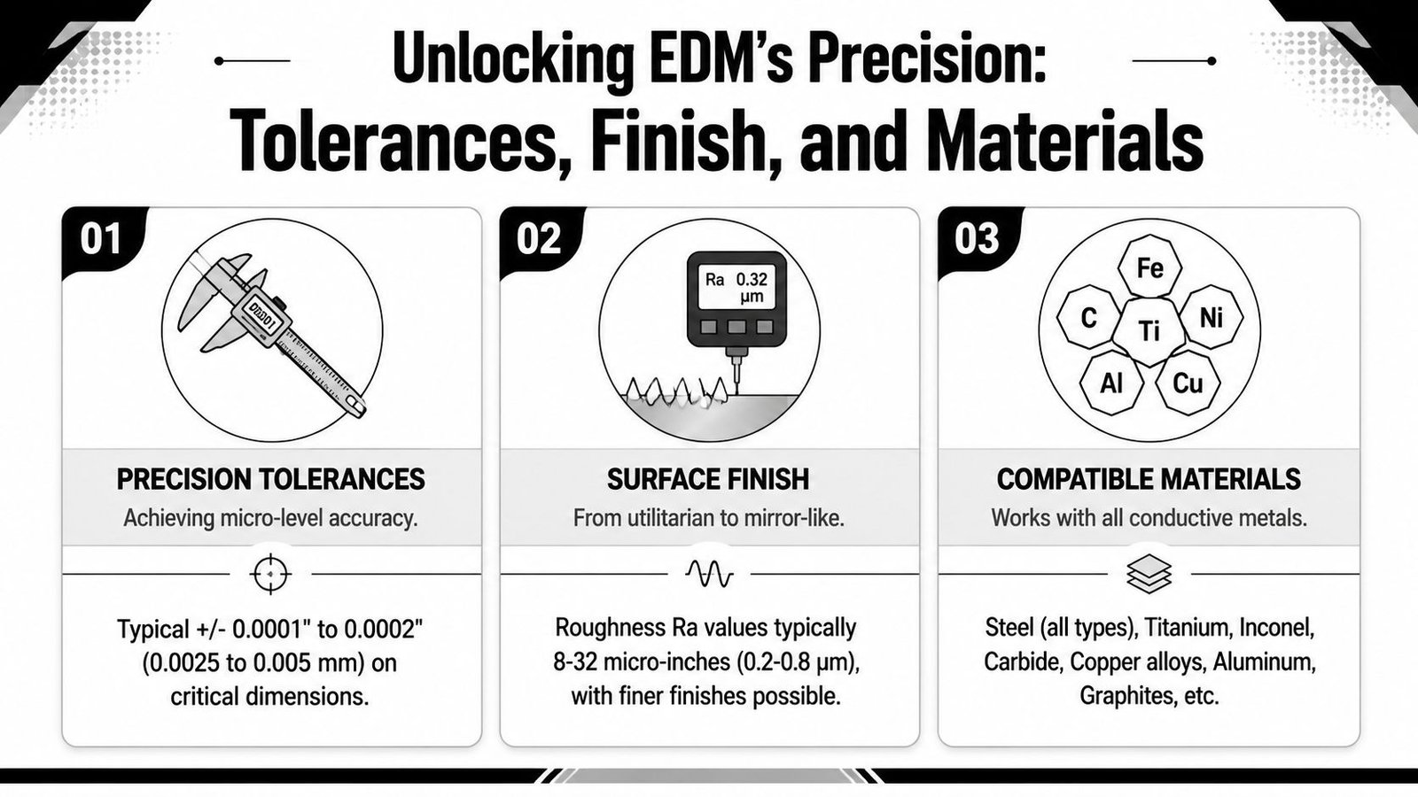 An infographic detailing precision tolerances, surface finish qualities, and compatible materials for EDM machining processes.