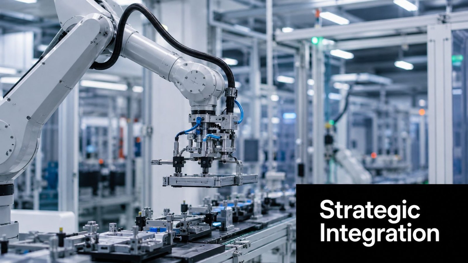 A robotic arm operates in a modern factory setting, focusing on the precision of automated industrial manufacturing.