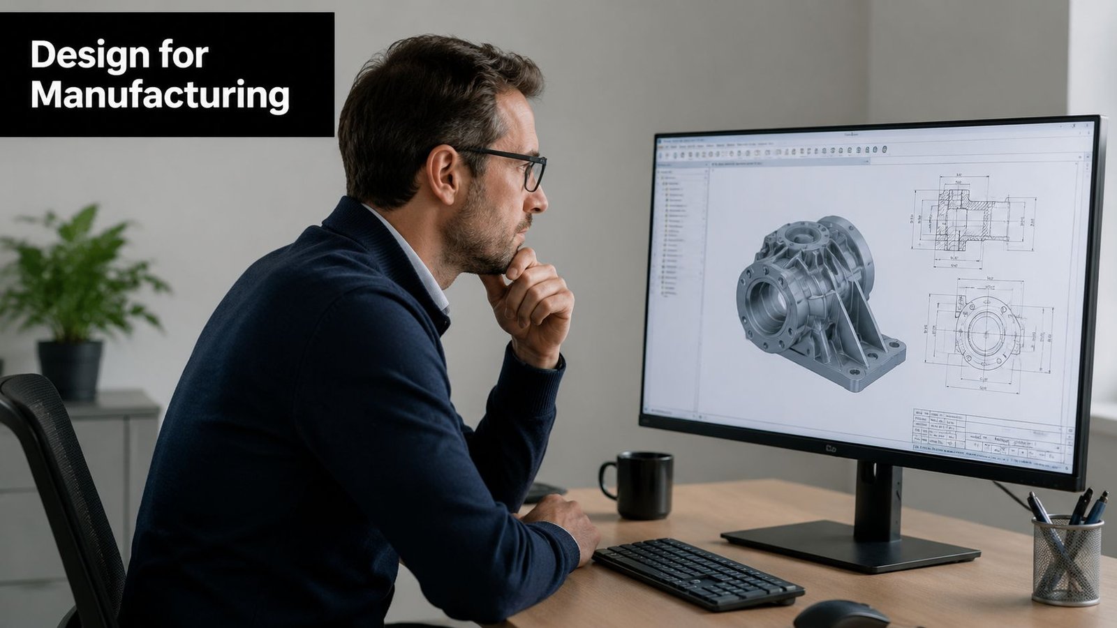 A professional engineer sits at a desk, reviewing a detailed 3D CAD model of a mechanical part.