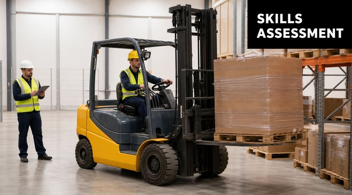 A forklift driver in a warehouse undergoing a skills assessment supervised by an instructor with a tablet.