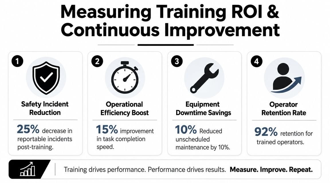 An infographic illustrating four key metrics for measuring training ROI and continuous improvement in industrial operations.