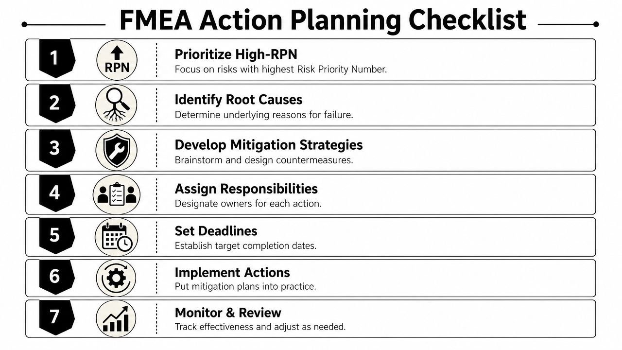 A seven-step checklist for FMEA action planning, detailing the process from prioritizing risks to monitoring effectiveness.
