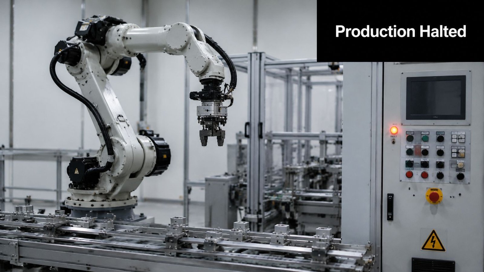 A halted robotic arm standing over an industrial conveyor belt inside a clean manufacturing facility.