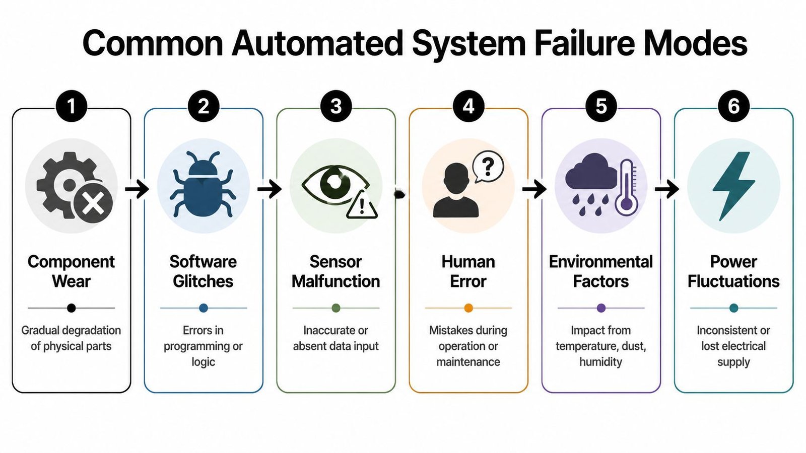 A diagram listing six common automated system failure modes including component wear, software glitches, and human error.