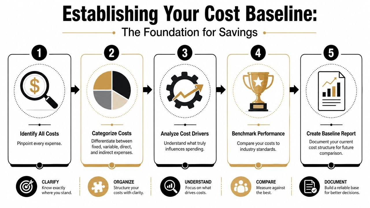 A five-step infographic showing the process of establishing a cost baseline for business savings and financial management.
