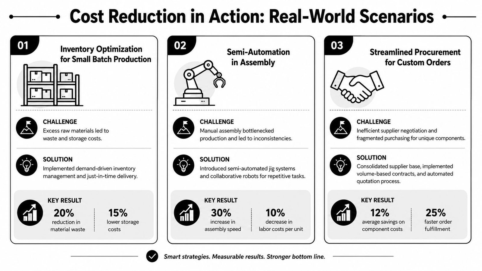 An infographic detailing three business strategies for cost reduction in production, assembly, and procurement processes.