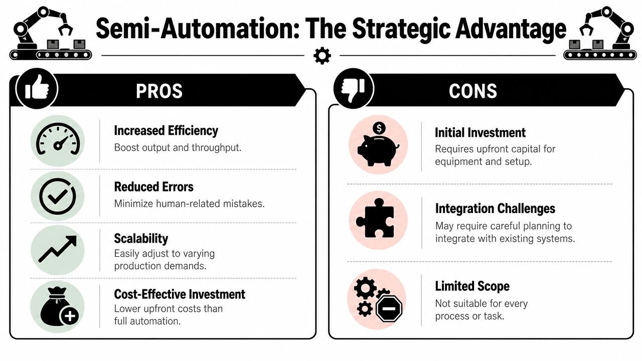 An infographic titled Semi-Automation: The Strategic Advantage, comparing the pros and cons of implementing semi-automated manufacturing processes.
