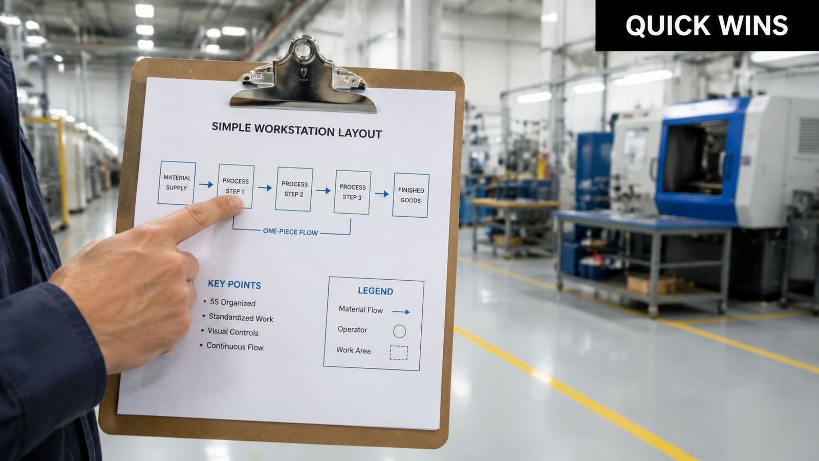 A factory worker holds a clipboard illustrating a simple workstation layout and process flow chart.