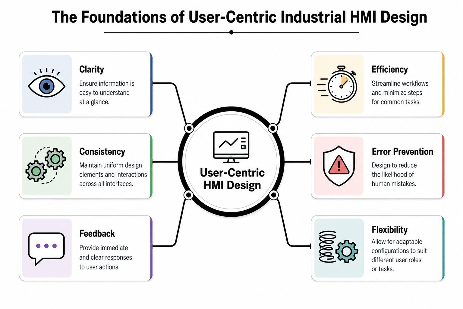 A diagram outlining the key foundations of user-centric industrial HMI design, including clarity, efficiency, consistency, and flexibility.