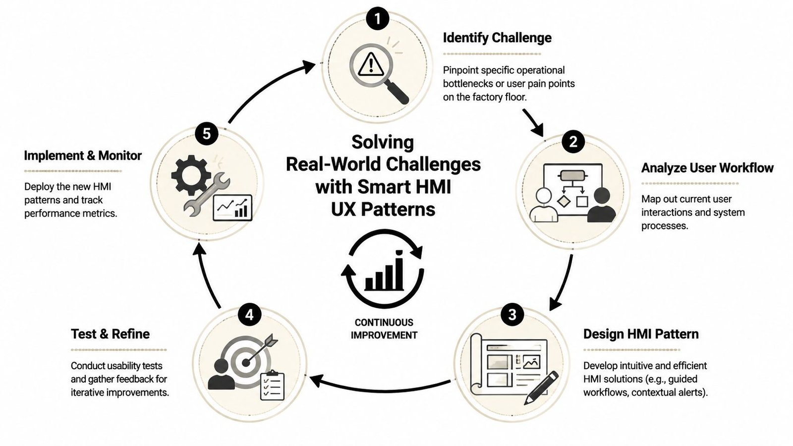 A circular flow diagram illustrating the five-step process for solving operational challenges using Smart HMI UX patterns.
