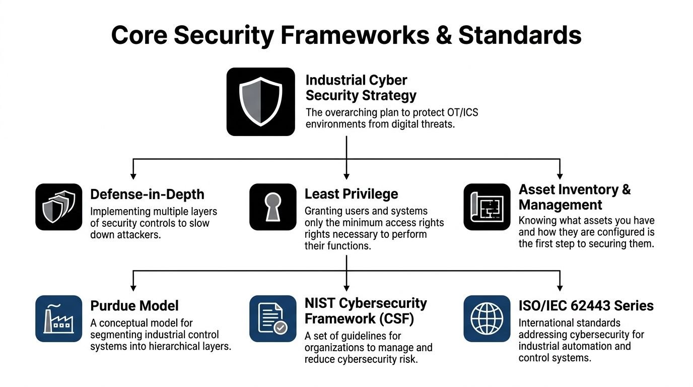 A diagram outlining core industrial network security frameworks, standards, and strategic principles for OT and ICS protection.