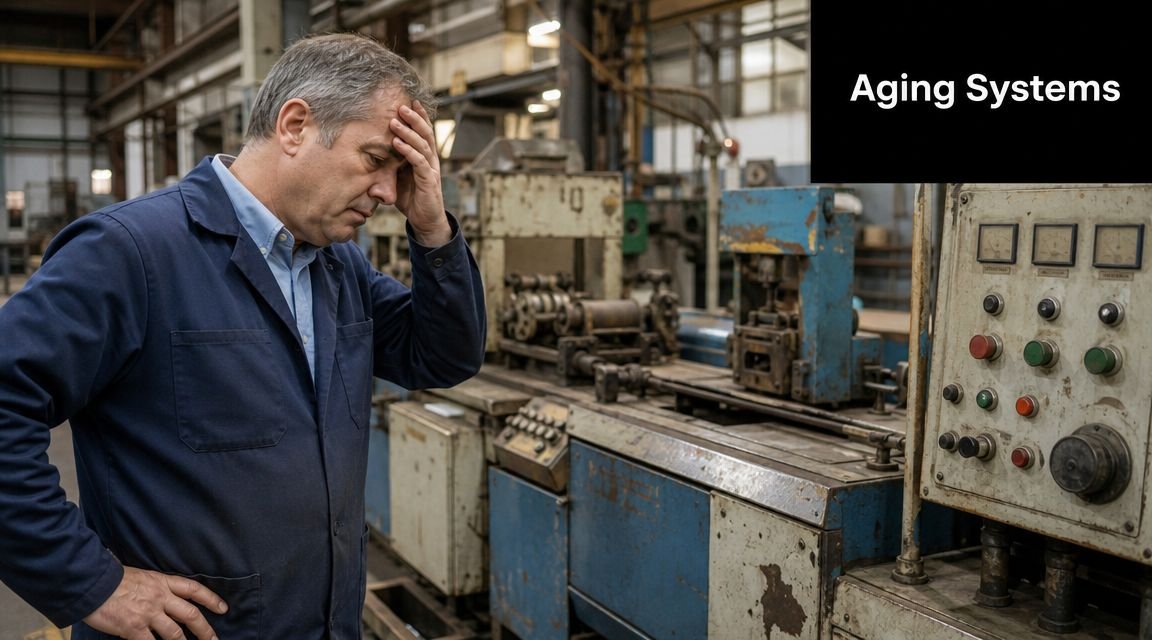 A stressed factory worker looking at old, outdated industrial machinery in a manufacturing facility setting.