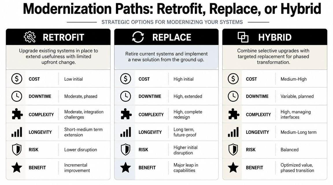 A comparison table outlining three modernization paths for legacy systems: Retrofit, Replace, and Hybrid strategies.