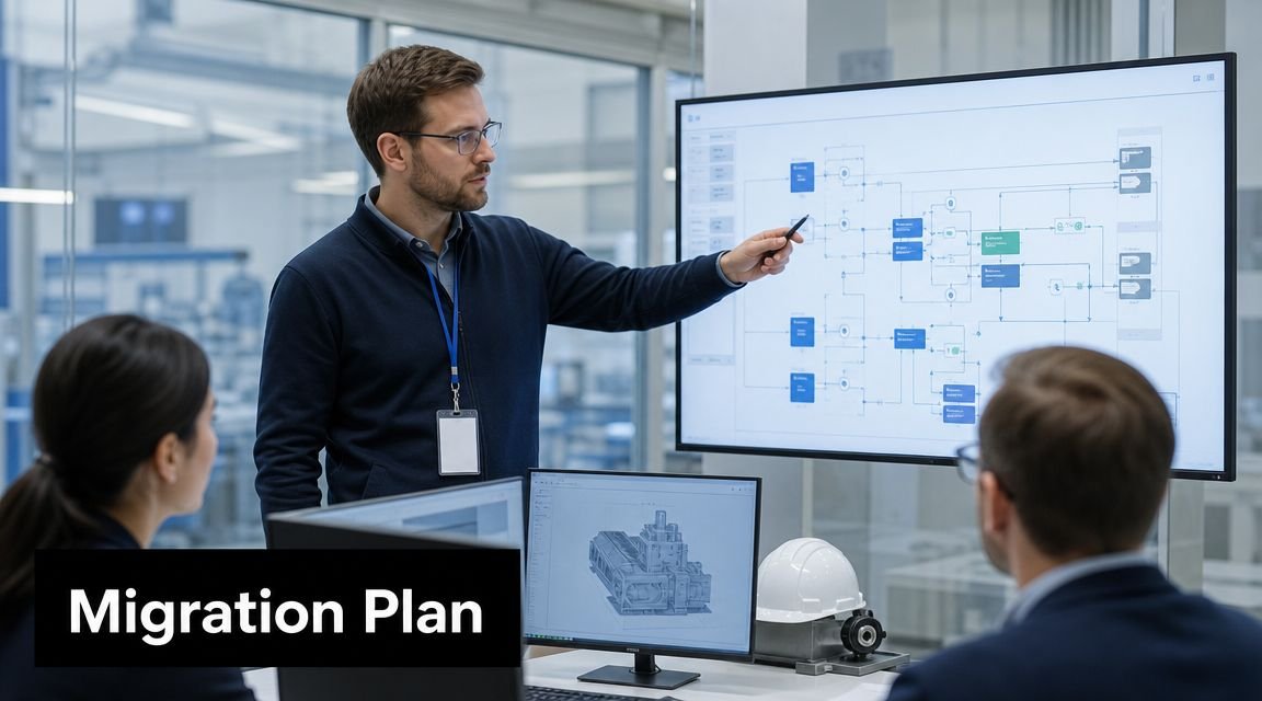 A professional team discussing a legacy system modernization plan with technical diagrams on a large display screen.