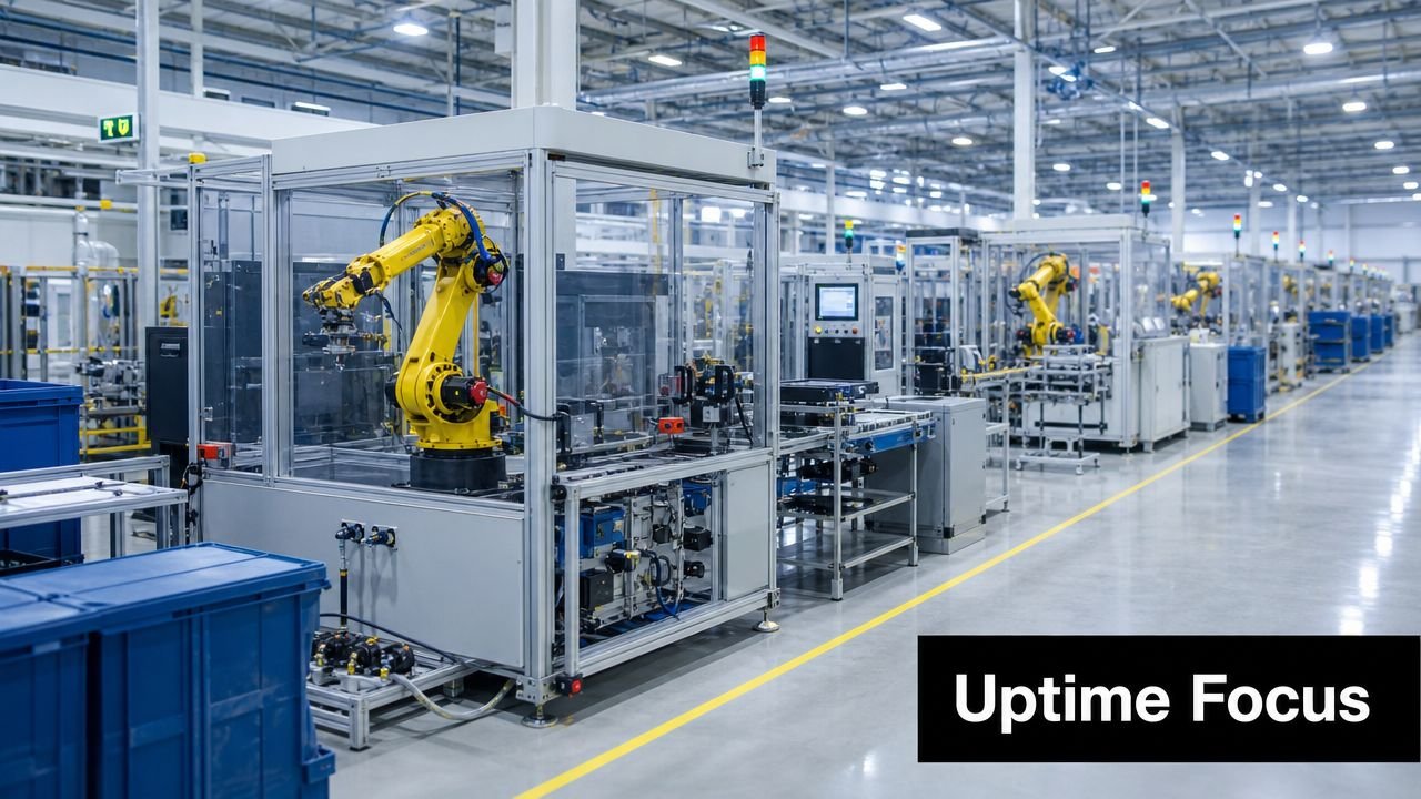 Automated industrial robotic arms performing assembly tasks in a modern, clean, and well-lit manufacturing factory floor.