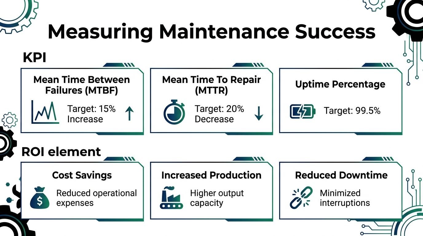 An infographic titled Measuring Maintenance Success displaying key performance indicators and ROI elements for industrial equipment.