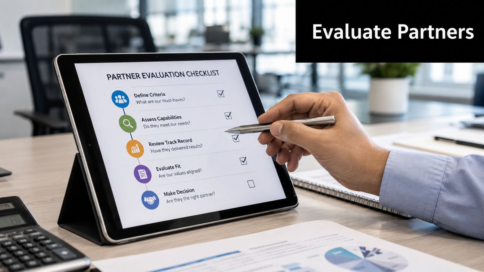 A professional using a digital tablet to review a partner evaluation checklist in an office setting.