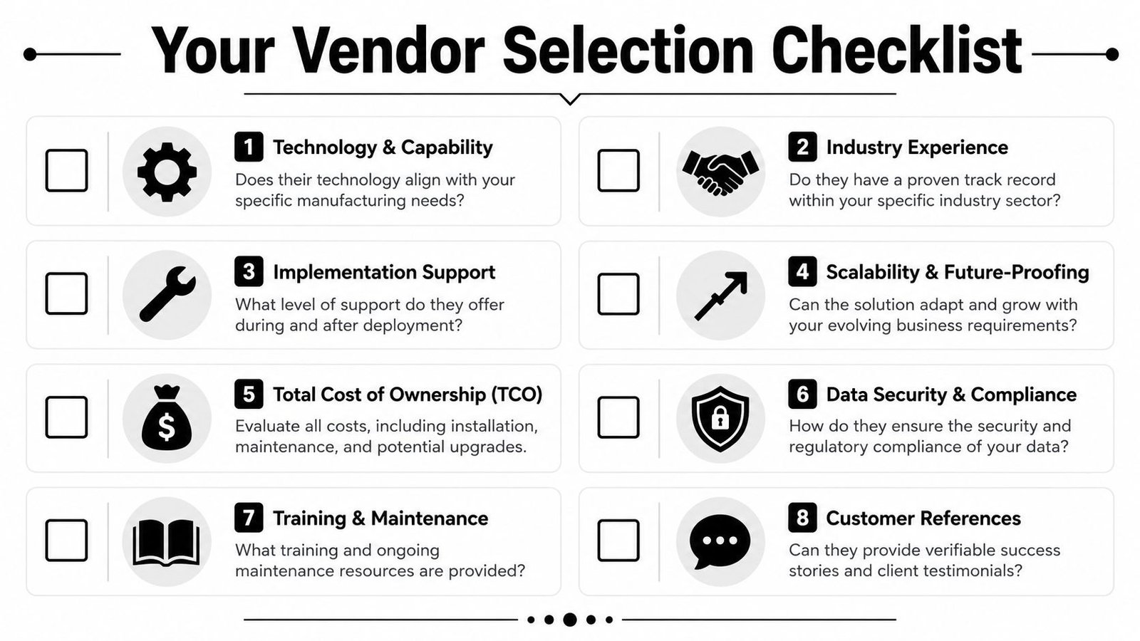 A vendor selection checklist for evaluating manufacturing automation companies featuring eight essential criteria for decision making.
