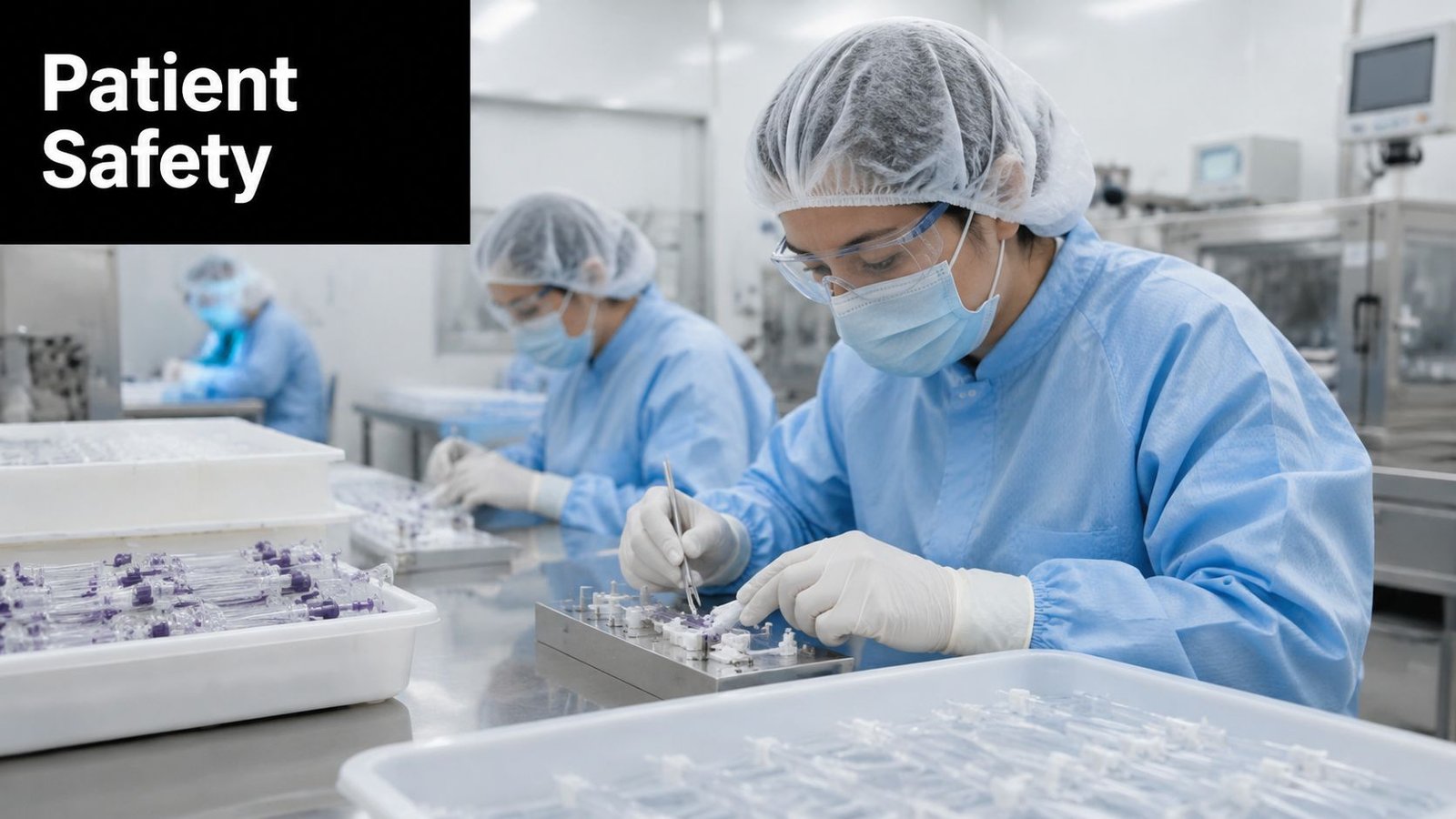 Two technicians wearing masks and sterile protective clothing performing precise assembly of medical components in a cleanroom.