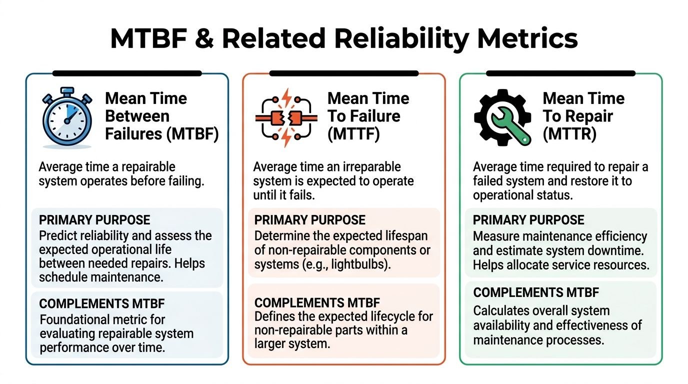 An infographic showing MTBF, MTTF, and MTTR reliability metrics with their definitions, purposes, and how they complement each other.