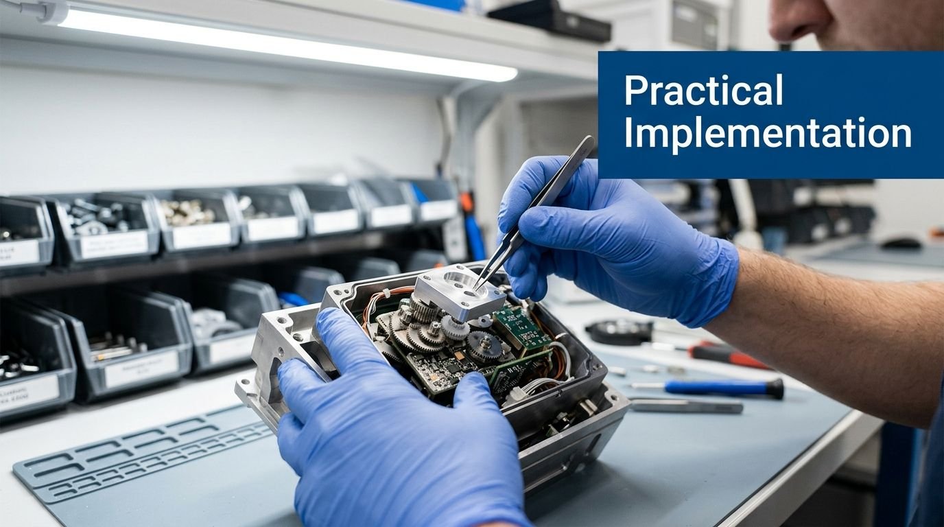 A technician wearing blue gloves uses tweezers to assemble precise components inside a complex mechanical device.