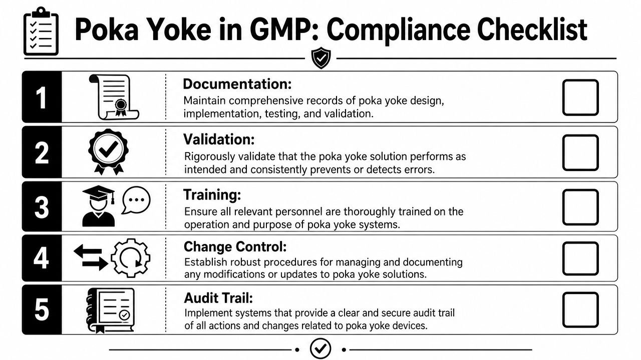 A compliance checklist for Poka Yoke in GMP featuring five steps for implementation and quality control.