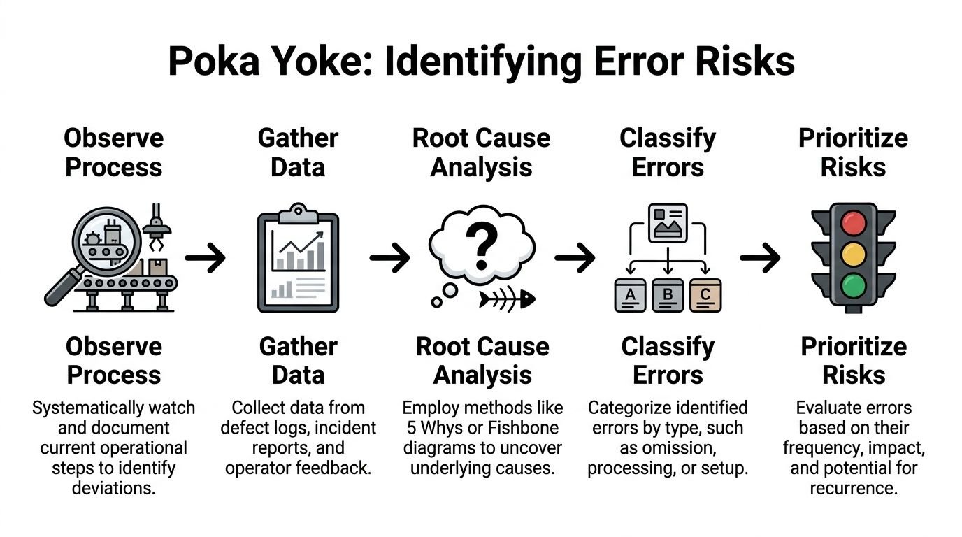 A five-step flowchart illustrating the Poka Yoke process for identifying error risks in manufacturing.