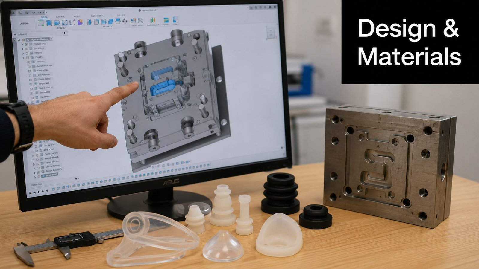 A person points at a CAD model of a mold on a computer screen next to physical plastic parts.