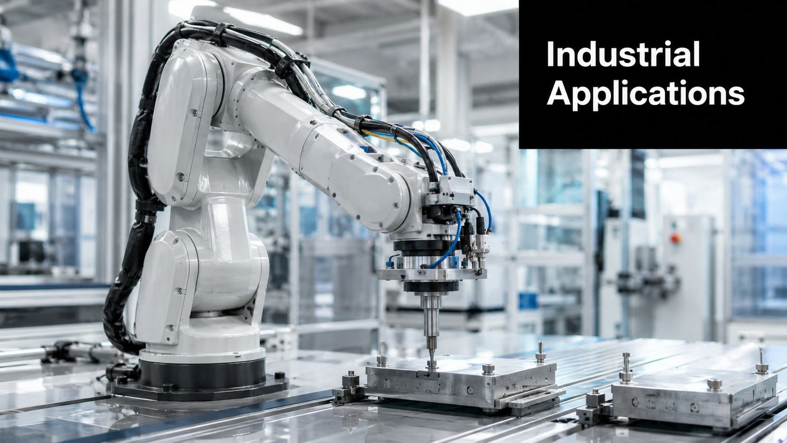A large industrial robotic arm performing precision assembly or manufacturing work on a factory metal assembly line.