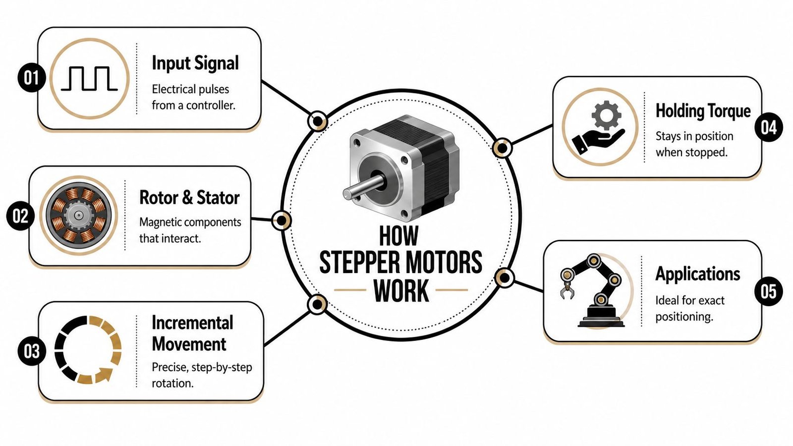 A diagram illustrating the basic operating principles and functionality of a stepper motor with five key points.