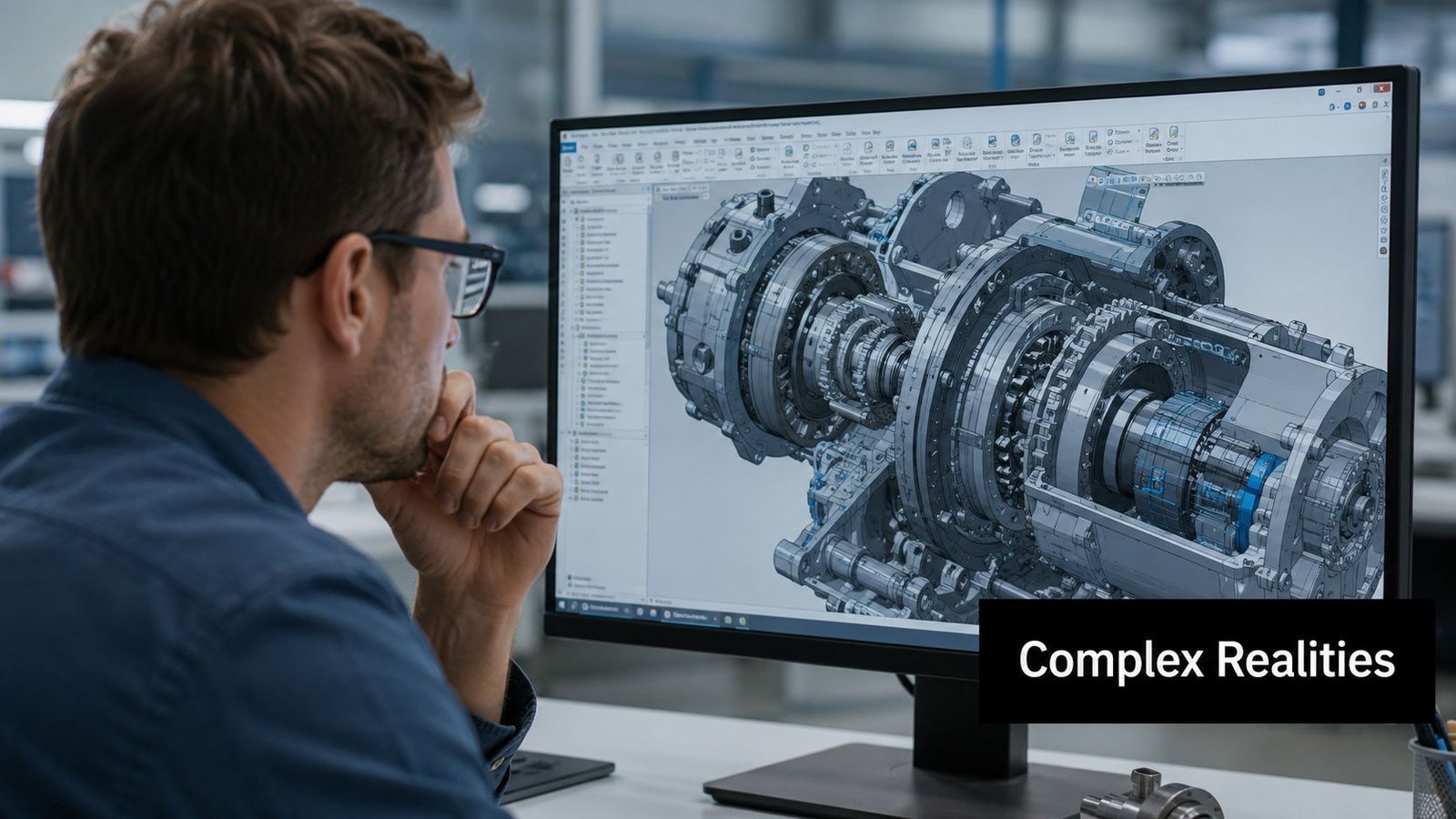 An engineer sitting at a desk and analyzing a complex mechanical CAD design on a large monitor.