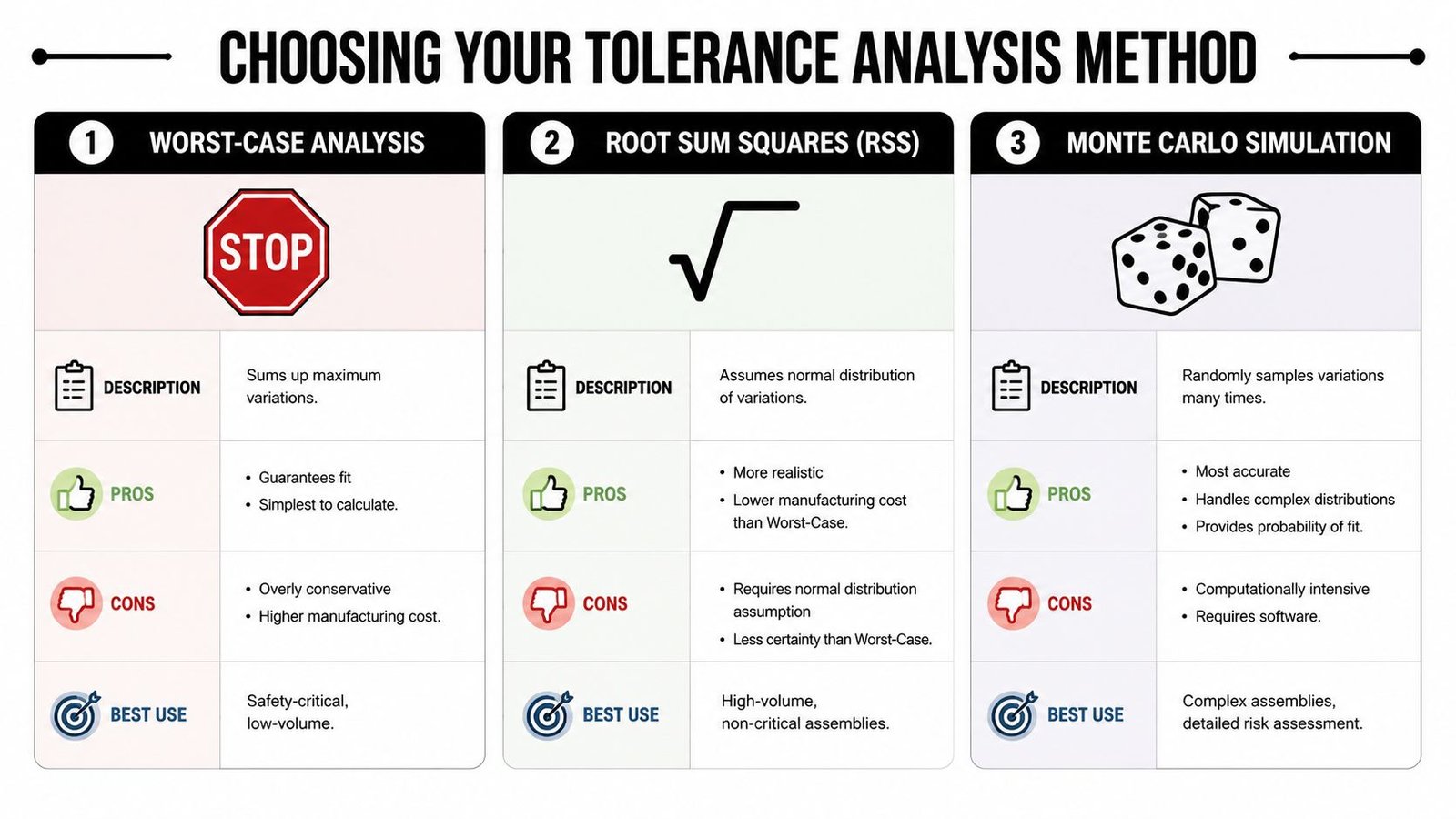 A comparison chart outlining three methods for performing tolerance stack up analysis: Worst-Case, RSS, and Monte Carlo.