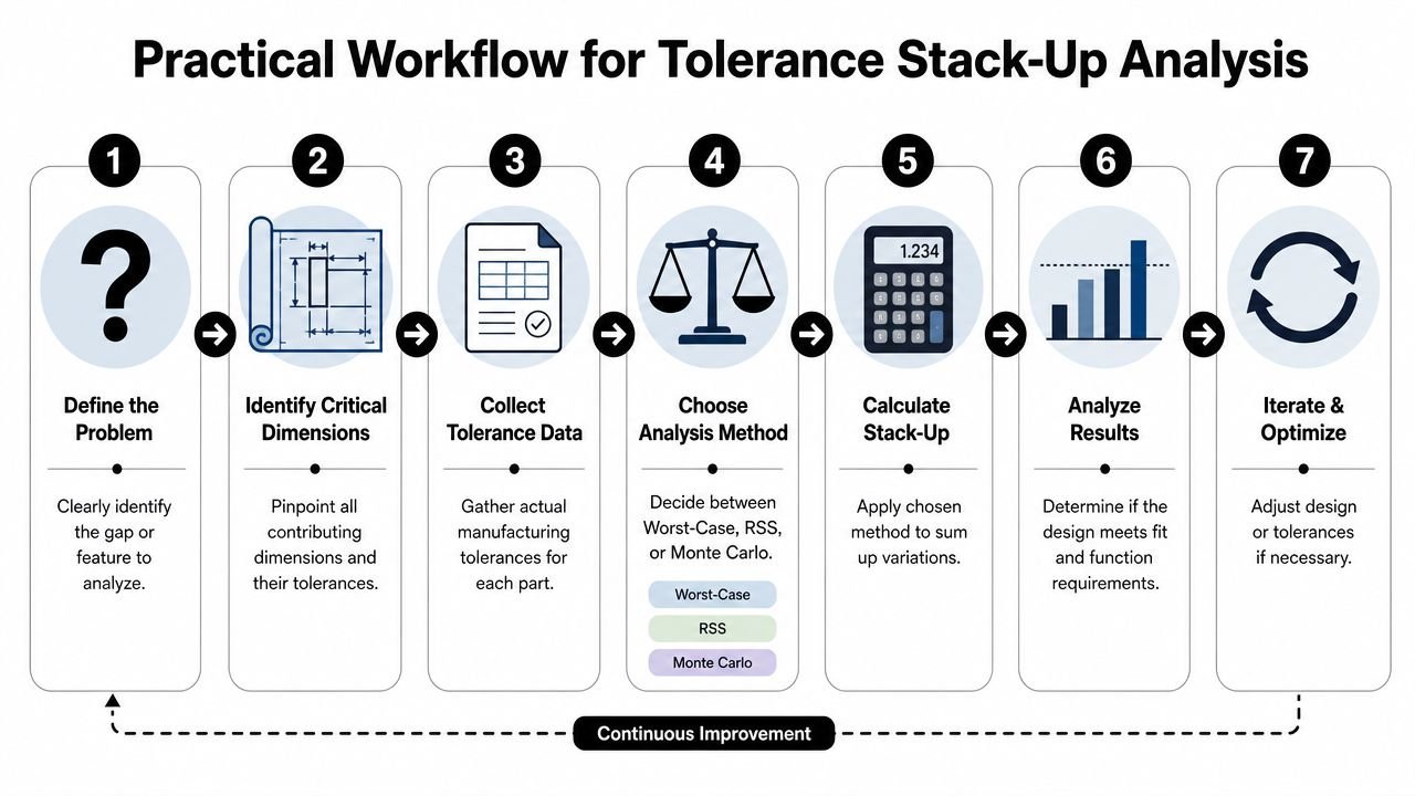 A seven-step flowchart illustrating a practical workflow for performing tolerance stack-up analysis in engineering design.