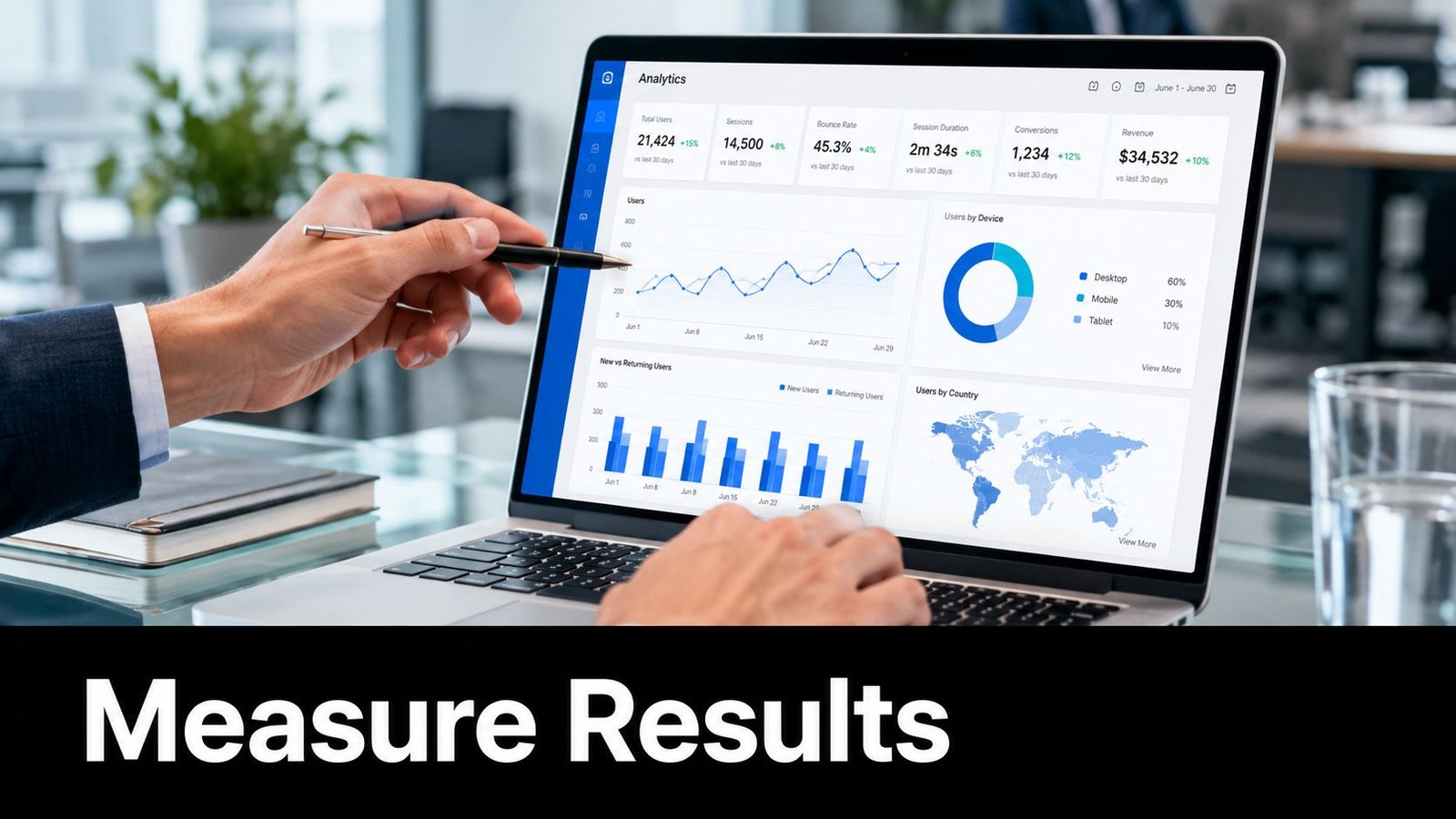 A professional analyzing business analytics data on a laptop screen with graphs and charts visible.