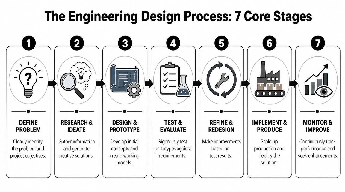 A diagram illustrating the seven core stages of the engineering design process, from problem definition to improvement.