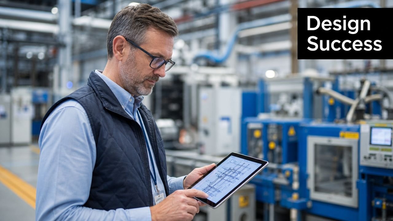 A professional engineer in a factory inspecting a digital technical blueprint on a tablet screen.