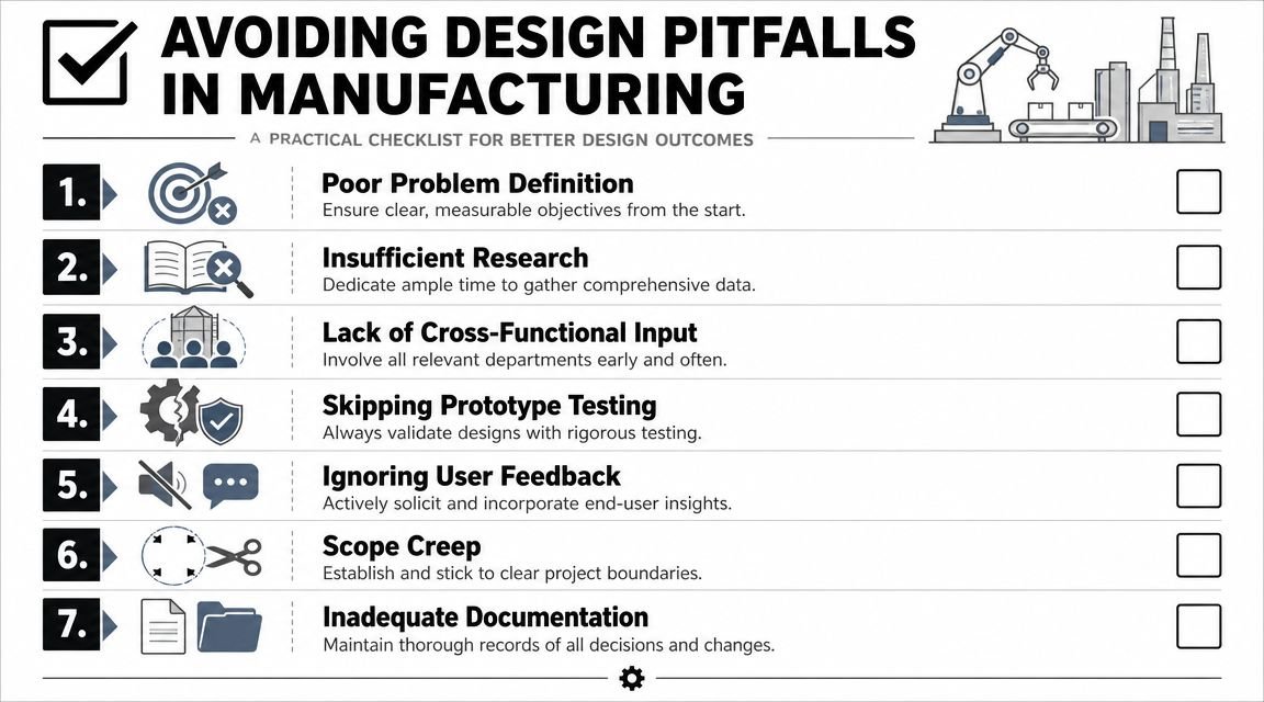 A checklist illustrating seven common design pitfalls to avoid in the manufacturing and engineering design process.