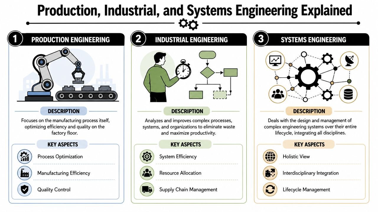 An infographic illustrating the differences between production, industrial, and systems engineering fields through icons and descriptions.